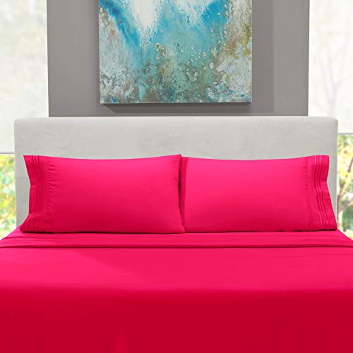 Hearth & Harbor 4 Piece Bed Sheet Set - Luxury Soft Double Brushed Microfiber - Deep Pockets, Hypoallergenic, Full Size, Hot Pink