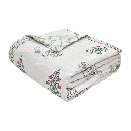 AARMOZY Cotton Jaipuri Razai Single Bed Hand Block Floral Buta Bail Print Quilt Blanket - Green/Pink (Single Bed B)