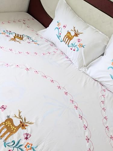 Needle & Ballet King Size Embroidery Pure Cotton Deer Bedsheet with Two Pillow Covers.