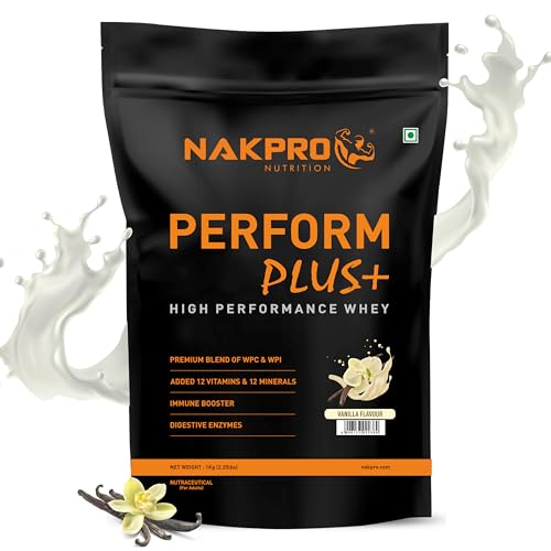 NAKPRO Perform Plus+ Whey Protein Concentrate with Digestive Enzymes | 24g Protein, 5.7g BCAA | Easy Mixing, Easy Digesting (1 Kg, Vanilla)