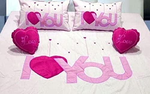 Xtreem Super Soft 100% Pure Cotton I Love You Printed Designer Double Topsheet|Flatsheet|Bedsheet with 2 Pillow Covers & 2 Heart Cushions for Your Home & wedding Room (90X100 Inches, Multi)