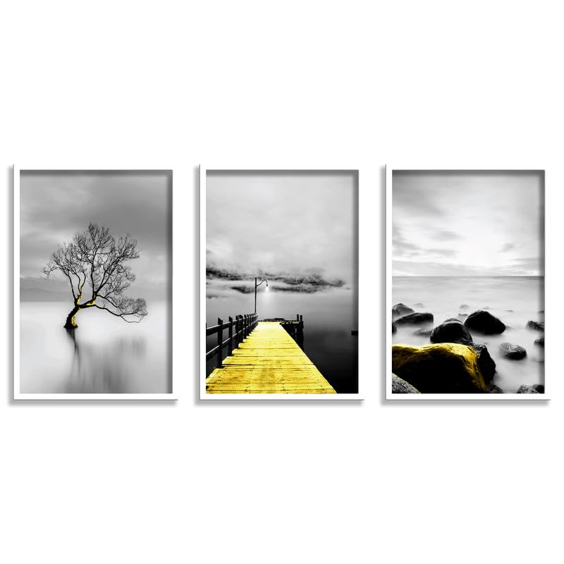 SAF paintings Set of 3 Water Bridge And Tree Wall Painting for Home Decoration SA-WHITEMX33596