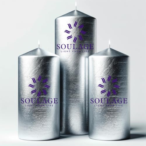 SOULAGE Premium Silver Festive Pillar Candle| Luxury Aromatherapy| Hand Crafted| Natural Soy Wax| Healing & Meditation| Non Toxic| Anti Mosquito| Slow Burning| Smokeless & Dripless Set of 3