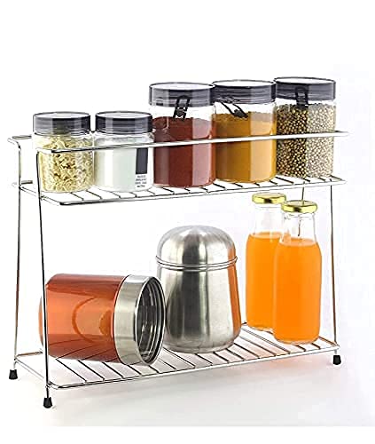 12FOR COLLECTION Stainless Steel Spice 2-Tier Container Organiser/Basket for Boxes Utensils Dishes Plates for Home (Multipurpose Kitchen Storage Shelf Shelves Holder Stand Rack, Corner Shelf)