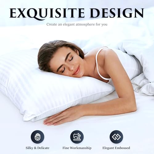 AJISH Soft Microfiber Bed Pillows Set of 4, 16 X 24 Inch Small Size Pillow - Cooling Pillows for Sleeping - Luxury White Stripe Pillows for Side, Stomach or Back Sleepers, Machine Washable