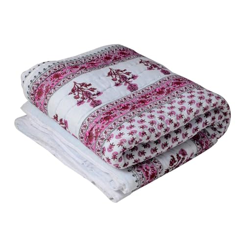 fashhub World Famous Jaipuri Light Weight Pure Cotton Traditional Rajasthani Print White Colour Double Bed Quilt/Razai/Rajai (Rad Boti, Double)