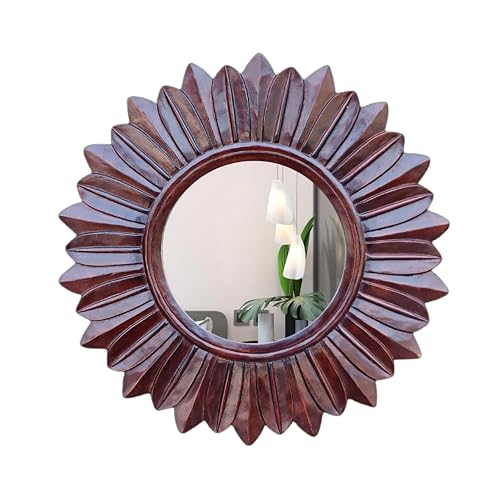 SHAN HANDICRAFTS Hand Carved Round Wooden Mirror Frame for Wall Décoration of Living Room, Bedroom, Bathroom, Hallway, Office etc. Walnut Brown Finish 22x1x22 inch