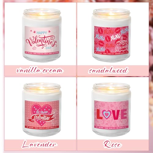 Threlaco 4 Pcs Romantic Gifts for Her, Valentines Day Gifts for Her, Happy Birthday Gifts for Women, Sandalwood, Rose, Lavender, Cream Vanilla Soy Love Candle for Mom Girlfriend Wife, 7 oz