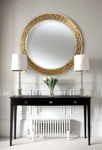 Beautiful Engraved Pearl Designed Beveled Round Wall Mirror with Elegant Sturdy Frame - ( 24 X 24 Inches, Gold)