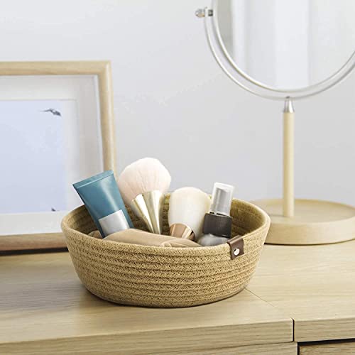 GILLY BILLY 100% Natural Jute small box mini rope paper storage Round Beige basket brown hamper baby nursery tray bucket set of 3 for Living or Drawing Room,fruits, kitchen,office,shelfs (Beige)