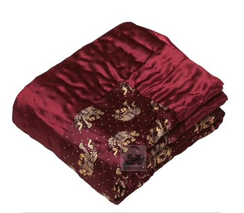 AARMOZY Cotton Filled Light Weight Silk Jaipuri AC Quilt/Razai Gold Print Jaipuriya Rajai/Razzai - (Animal Print, Maroon Elephant Single Bed)