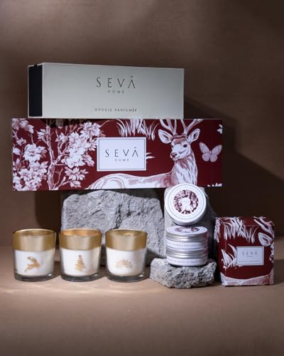 SEVA HOME Reindeer Cheer Hamper - Enchante Collection Festive Trio Candles Set + Travel Candles Set