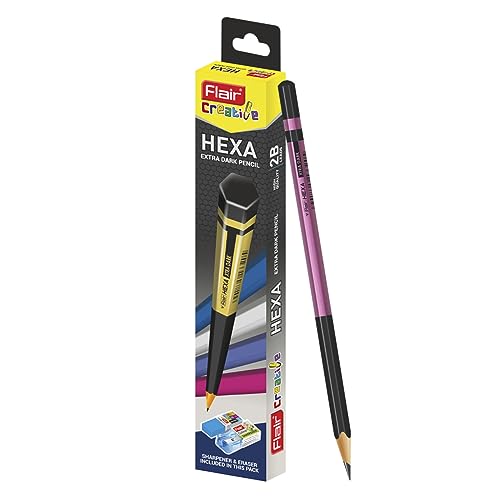 FLAIR Creative Series Hexa Extra Dark 2B Pencil Box Pack | Hexagonal Body With Metallic Finish | Non-Toxic | Free Sharpner & Eraser Inside | Easy & Smooth Sharpening | Pack Of 10 Pencils