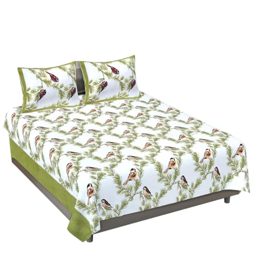 Pure Cotton Sanganeri Printed Jaipuri Bedsheet for Double Bed Sheet Queen Size with 2 Pillow Covers 260Thread Count,Green