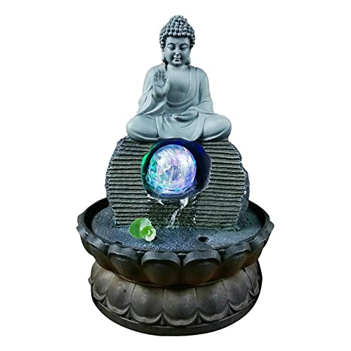 SAZ DEKOR Buddha Resin Statue LED Lights Office Meditation Tabletop Water Fountain