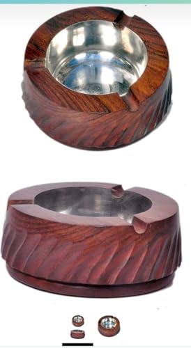 Zeguard Handicraft India Wooden Hand Crafted Carved Decorative Round Ashtray with 3 Spots for Resting While Smoking Car/Home/Garden/Kitchen (Brown-10x10x3) Pack Of 1