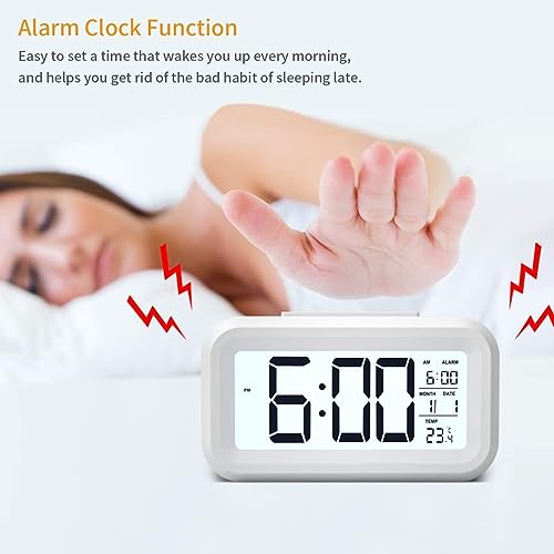 Kadio Digital Alarm Clock,Battery Operated Small Desk Clocks,with Date, Indoor Temperature,Smart Night Light,LCD Clock for Bedroom Home Office (White)