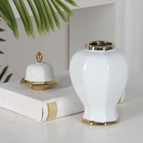 ILSMYSUTRA® Ceramic Vase Modern Ceramic Ginger Jar with Lid for Entryway Bookshelf Party White