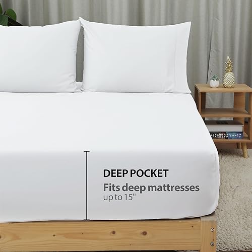 100% Cotton Fitted Sheet Twin XL Size Only, 600 Thread Count, 8"-16" Deep Pocket Sateen Weave Bottom Sheet, Soft Breathable Comfy & Hotel Quality (Twin XL, White)