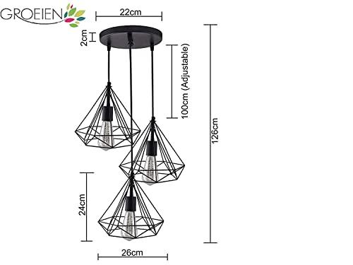 Groeien 3 Lights Cluster Chandelier Diamond Hanging Pendant Light With Braided Cord, Black, Round , Metal