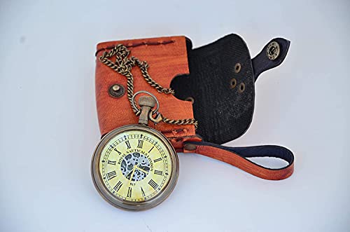 Handmade Roman Dial Antique Brass Clock with Chain and A Brown Leather Case