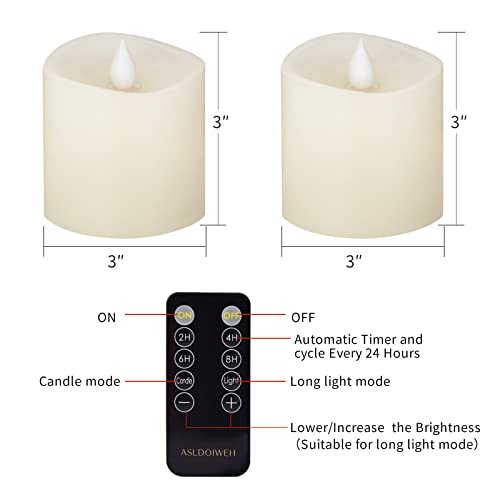 ASLDOIWEH 3x3 Flickering Flameless Candles Set of 2, 2AA Battery Life 600 Hours Battery Candles Flickering with Timer,3 inch Flameless Candles with Remote for Party/Wedding,Ivory