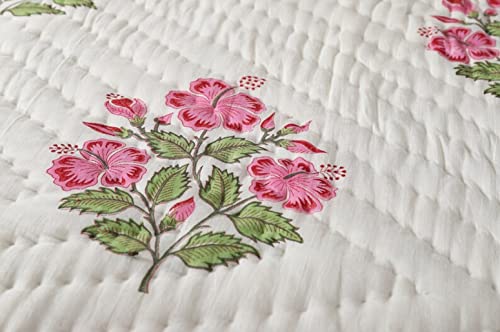 WOODSY Original Pure Cotton Jaipuri Razai Hand Block Pink and Green Flower Print Reversible Comforter Lightweight AC Quilt Summer and Winter Bedding | Throw Bed Blanket (King Size 108X108 Inches)