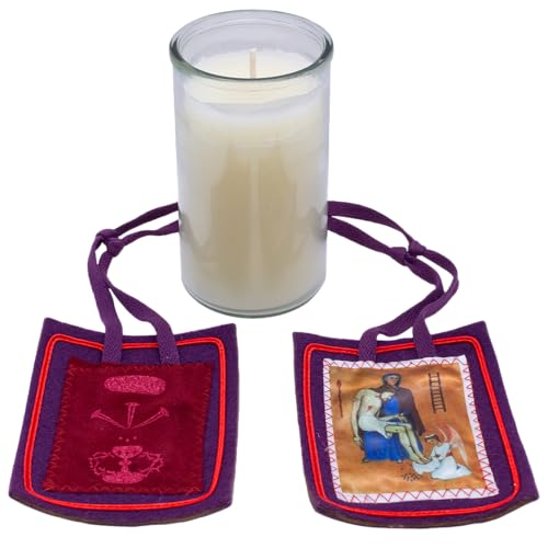 100% Beeswax Candle and Purple Home Scapular | 3 Days of Darkness | Catholic Spirituality | Divine Protection | Blessed Anna Maria Taigi and Marie-Julie Jahenny