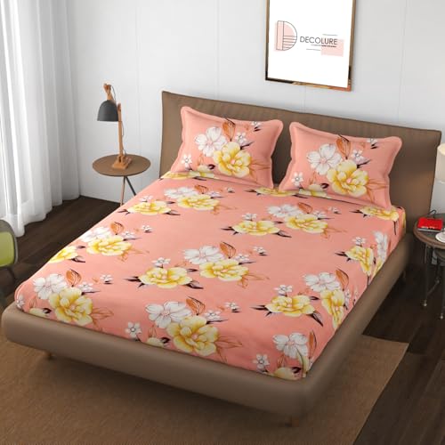 Decolure Glace Cotton Elastic Fitted Printed Bedsheets with 2 Pillow Covers King Bed with All Around Elastic Supersoft Size-72x78 Inch,Orange