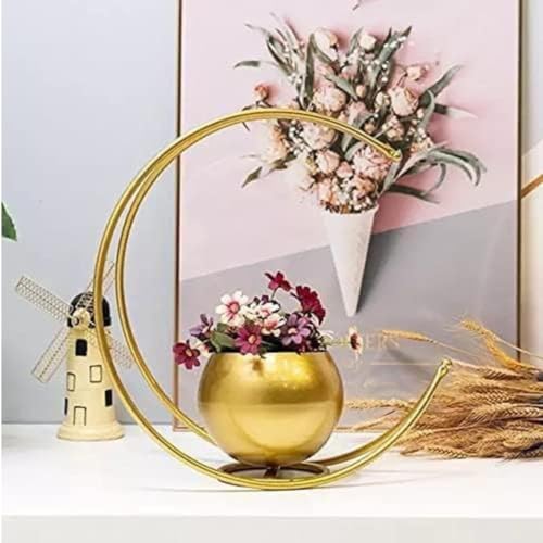 AYMH® Metal Flower Vase Geometric Half Moon Design Flower Pot Stand | Table Top Decorative Flower Pot | Gold Metal Flower Vase for Home and Office Side Table Decoration (Gold)