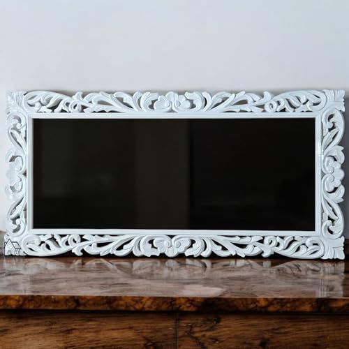 aesthetic decor Wooden Carved Wall Mirror Frame Solid Wood, | with Out Mirror | Crown Pattern ((5x2.5) White Deco