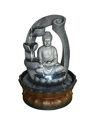 Sitting Buddha Fountain 11", LED Indoor Table Waterfall Fountain Fengshui Meditation Relaxing Decor for Home Office Gray