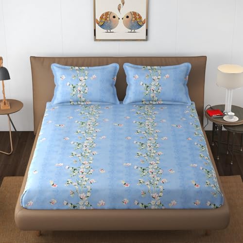 VAINE Premium Heavy Cotton Elastic Fitted Bedsheets with 2 King Size Pillow Covers || Double Bed with All Around Elastic 350 TC || 72 x 78 Inch King Size Fitted |-Sky Leaf