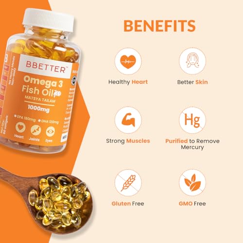 BBETTER Omega 3 Fish Oil Capsules For Heart, Joints & Brain Health, Fish Oil Omega 3 capsule 1000mg for Women & Men 180 mg EPA 120 mg DHA -60 Softgels