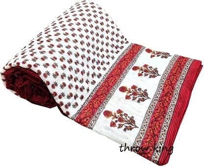 THROW KING Rajasthani Jaipuri Pure Cotton Floral Printed Single Bed Jaipuri Razai/Rajai/Quilt/Blanket/Dohar(Maroon)