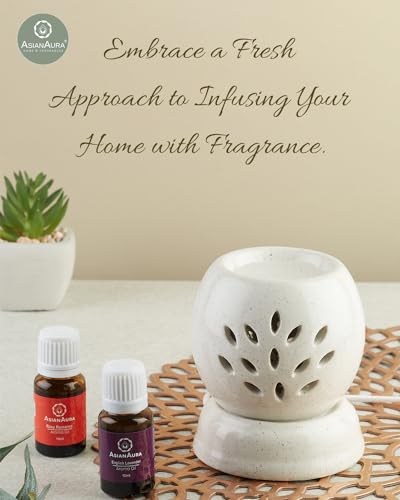 Asian Aura Handcrafted Ceramic Electric Round Shaped Aroma Diffuser| Aroma Oil Burner for Aromatherapy| Home Decor and Fragrance with Aroma Oils(English Lavender & Rosy Romance Fragrance 10ml Each)