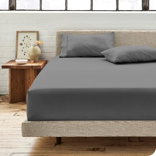 Bare Home 100% Organic Cotton Twin Fitted Bottom Sheet - Crisp Percale Weave - Lightweight & Breathable - Deep Pocket Fitted Sheet (Twin, Grey)