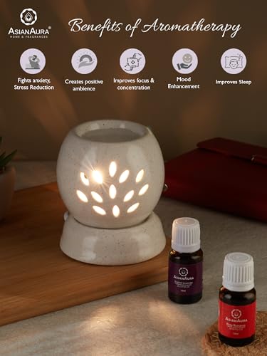 Asian Aura Handcrafted Ceramic Electric Round Shaped Aroma Diffuser| Aroma Oil Burner for Aromatherapy| Home Decor and Fragrance with Aroma Oils(English Lavender & Rosy Romance Fragrance 10ml Each)