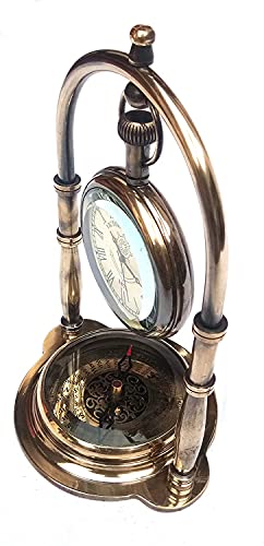 Table Clock Brass Desk Clock Maritime Brass Compass with Antique Victoria Hanging London-1876 Watch by ASI NAUTICAL