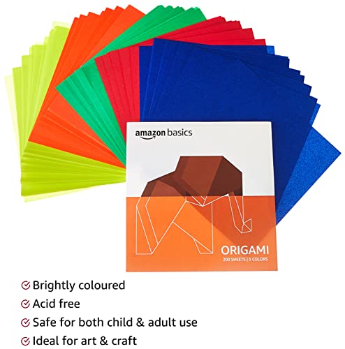 amazon basics Origami Paper, 5 Colors, 200 Sheets