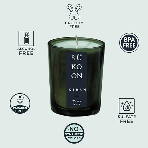 Sukoon Niran Woody Musk Scented Soy Wax Candle with Upto 40 Hr Burn Long Lasting Fragrance Candle Perfect for Home Décor (Pack of 1)