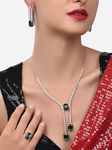 ZAVERI PEARLS Green Dazzling Contemporary Necklace Earring & Ring Set For Women-ZPFK14400