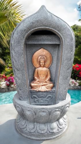 SEPBORN Buddha Water Fountain with Carved Stone Design, 38 cm Height with LED Lights Water Pump