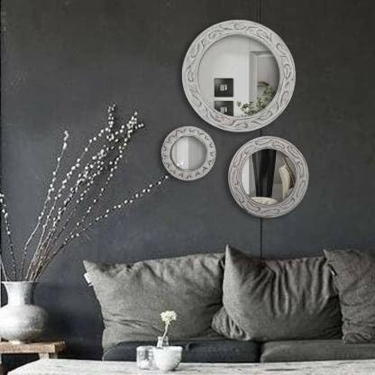 Vas Collection MDF Mirror Frame Fro Wall Decor,Bedroom,Living Room,Bathroom & Hallway,A Collection of 3 Mirrors(White Antique)