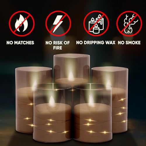 ZODZE Flameless LED Candles with Timer 5 Pc Flickering Flameless Candles for Romantic Ambiance and Home Decoration Durable Acrylic Shell,with Embedded Star String，Battery Operated Candles