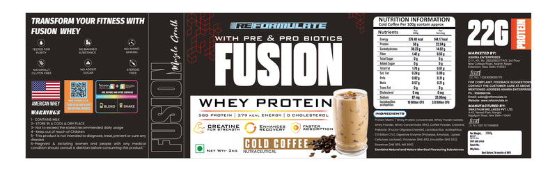 Reformulate I Fusion I Whey Protein I With Pre & Pro Biotics I Muscle Growth I 58G Protein | 379 Kcal Energy | O Cholesterol I Creatine for Strength I Enhances Recovery I Faster Absorption I Nutraceutical I Cold Coffee I 2 KG