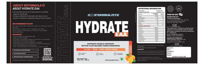 Reformulate I Hydrate EAA I Supports Muscle Recovery I Better Fluid Balance When Exercising I 6G EAA + BCAA | Zero Added Sugar I 6G EAA + BCAA | Zero Added Sugar I Improved Focus I Fluid Balance I Enhanced Endurance I Orange I 300 GM