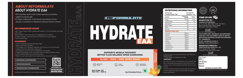 Reformulate I Hydrate EAA I Supports Muscle Recovery I Better Fluid Balance When Exercising I 6G EAA + BCAA | Zero Added Sugar I 6G EAA + BCAA | Zero Added Sugar I Improved Focus I Fluid Balance I Enhanced Endurance  I 300 GM