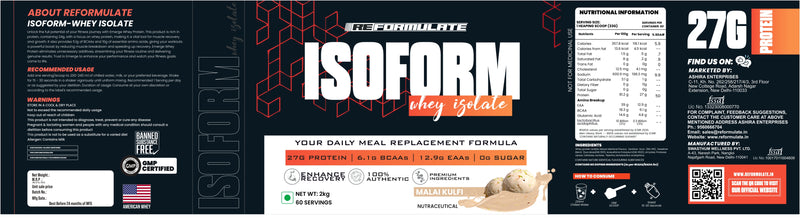 Reformulate I Isoform I  Whey Isolate I Your Daily Meal Replacement Formula I 27G Protein | 6.1G BCAA | 12.9G EAA | O g Sugar I Enhance Recovery I 100% Authentic I Premium Ingredients I Nutraceutical I Serving 60 I Malai Kulfi I 2 KG