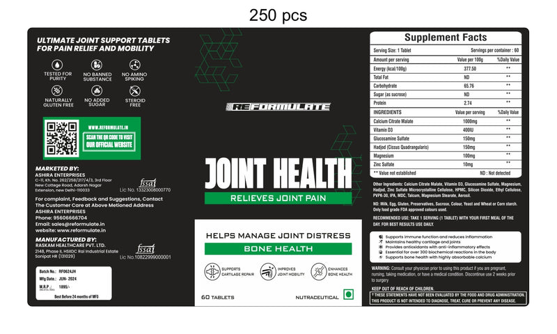 Reformulate I Joint Health I Relieves Joint Pain I Helps Manage Joint Distress I Bone Health I Supports Cartilage Repair I Improves Joint Mobility I Enhances Bone Health I Nutraceutical I 60 Tablets